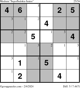 The grouppuzzles.com Medium SuperSudoku-Junior puzzle for Sunday February 4, 2024 with the first 3 steps marked