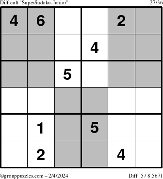 The grouppuzzles.com Difficult SuperSudoku-Junior puzzle for Sunday February 4, 2024