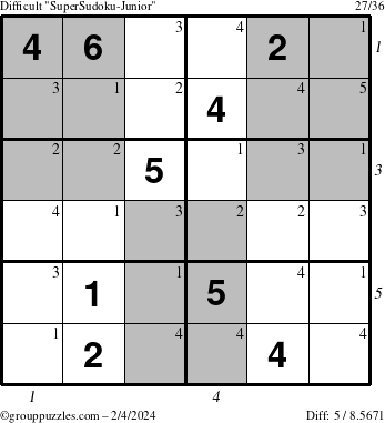 The grouppuzzles.com Difficult SuperSudoku-Junior puzzle for Sunday February 4, 2024 with all 5 steps marked