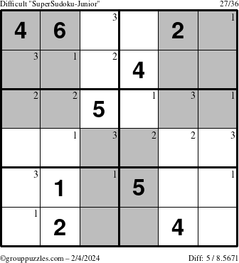 The grouppuzzles.com Difficult SuperSudoku-Junior puzzle for Sunday February 4, 2024 with the first 3 steps marked