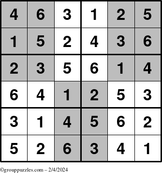 The grouppuzzles.com Answer grid for the SuperSudoku-Junior puzzle for Sunday February 4, 2024