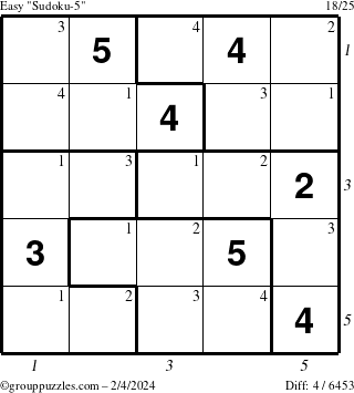 The grouppuzzles.com Easy Sudoku-5 puzzle for Sunday February 4, 2024 with all 4 steps marked