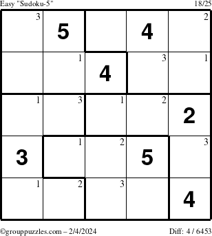 The grouppuzzles.com Easy Sudoku-5 puzzle for Sunday February 4, 2024 with the first 3 steps marked