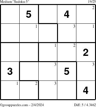 The grouppuzzles.com Medium Sudoku-5 puzzle for Sunday February 4, 2024 with the first 3 steps marked