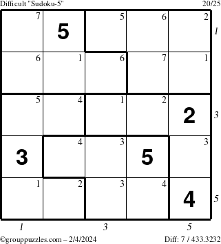 The grouppuzzles.com Difficult Sudoku-5 puzzle for Sunday February 4, 2024 with all 7 steps marked