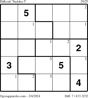 The grouppuzzles.com Difficult Sudoku-5 puzzle for Sunday February 4, 2024 with the first 3 steps marked