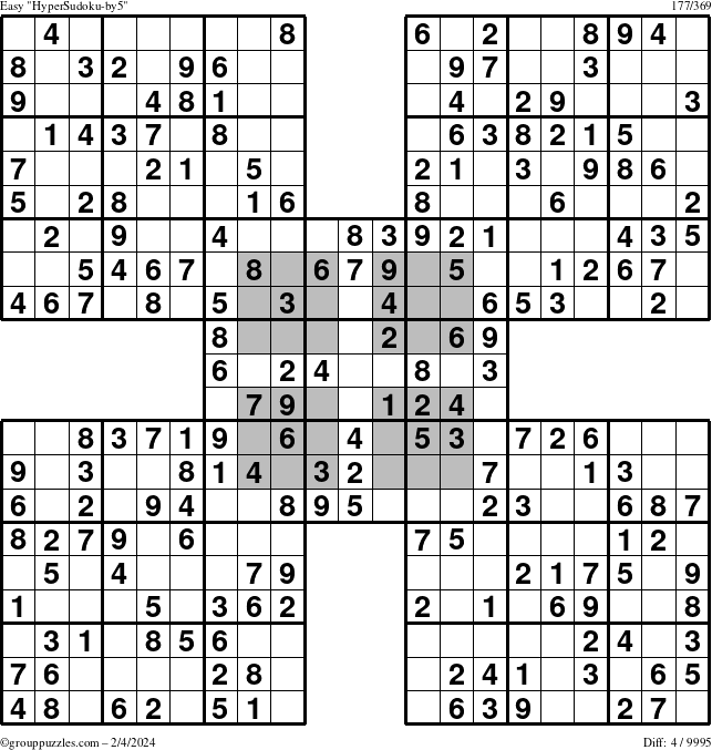 The grouppuzzles.com Easy HyperSudoku-by5 puzzle for Sunday February 4, 2024