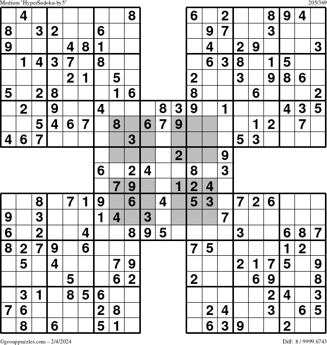 The grouppuzzles.com Medium HyperSudoku-by5 puzzle for Sunday February 4, 2024