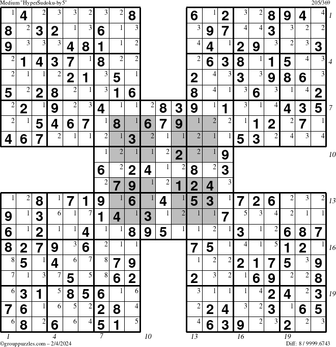 The grouppuzzles.com Medium HyperSudoku-by5 puzzle for Sunday February 4, 2024 with all 8 steps marked