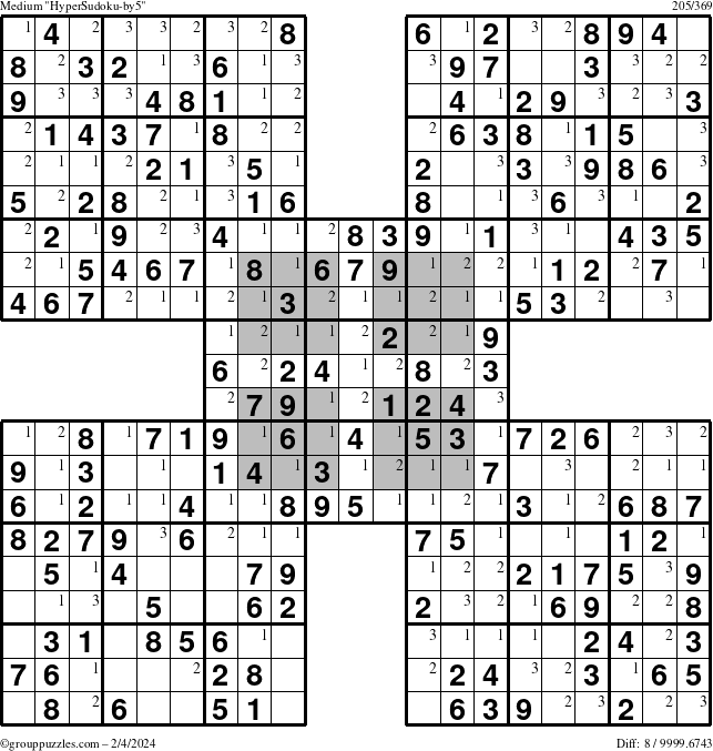 The grouppuzzles.com Medium HyperSudoku-by5 puzzle for Sunday February 4, 2024 with the first 3 steps marked