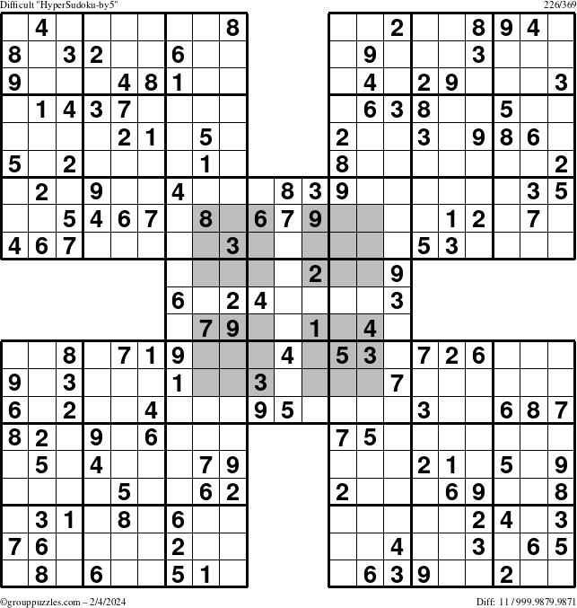 The grouppuzzles.com Difficult HyperSudoku-by5 puzzle for Sunday February 4, 2024