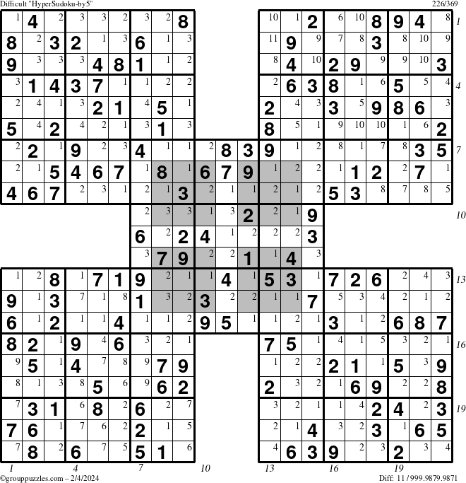 The grouppuzzles.com Difficult HyperSudoku-by5 puzzle for Sunday February 4, 2024 with all 11 steps marked