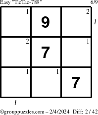The grouppuzzles.com Easy TicTac-789 puzzle for Sunday February 4, 2024 with all 2 steps marked
