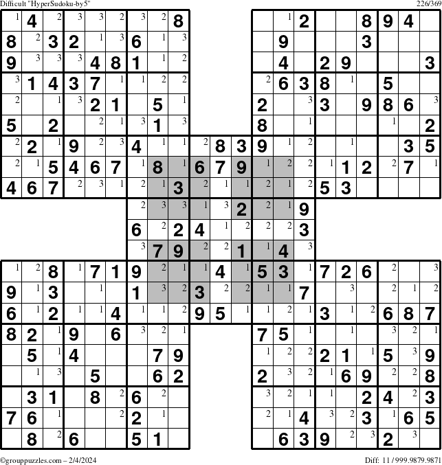 The grouppuzzles.com Difficult HyperSudoku-by5 puzzle for Sunday February 4, 2024 with the first 3 steps marked