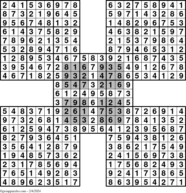 The grouppuzzles.com Answer grid for the HyperSudoku-by5 puzzle for Sunday February 4, 2024