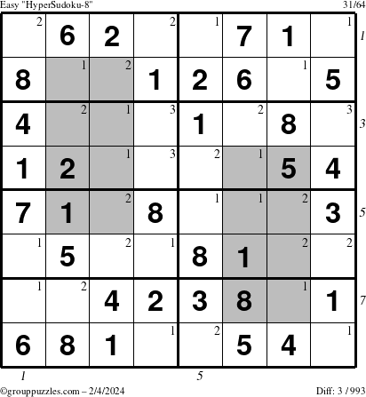 The grouppuzzles.com Easy HyperSudoku-8 puzzle for Sunday February 4, 2024 with all 3 steps marked