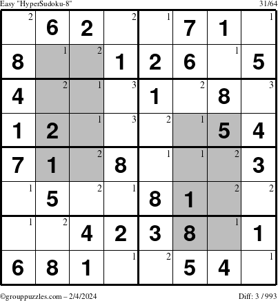 The grouppuzzles.com Easy HyperSudoku-8 puzzle for Sunday February 4, 2024 with the first 3 steps marked