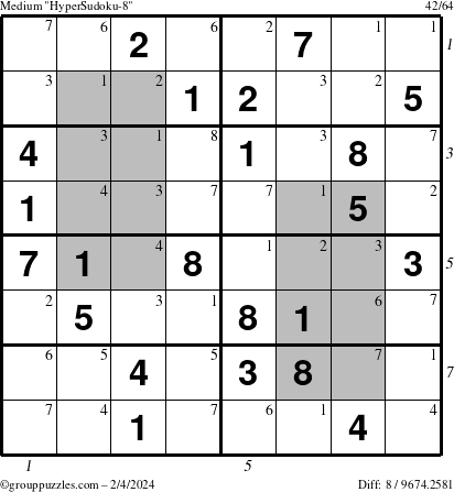 The grouppuzzles.com Medium HyperSudoku-8 puzzle for Sunday February 4, 2024 with all 8 steps marked