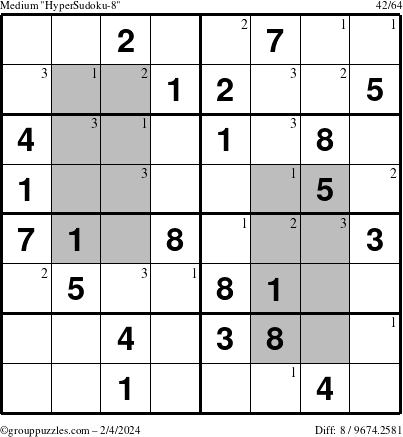 The grouppuzzles.com Medium HyperSudoku-8 puzzle for Sunday February 4, 2024 with the first 3 steps marked