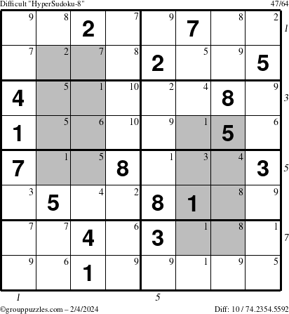 The grouppuzzles.com Difficult HyperSudoku-8 puzzle for Sunday February 4, 2024 with all 10 steps marked