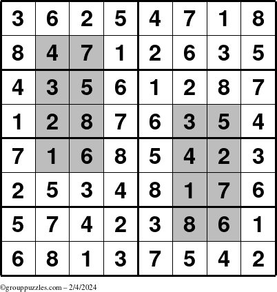 The grouppuzzles.com Answer grid for the HyperSudoku-8 puzzle for Sunday February 4, 2024
