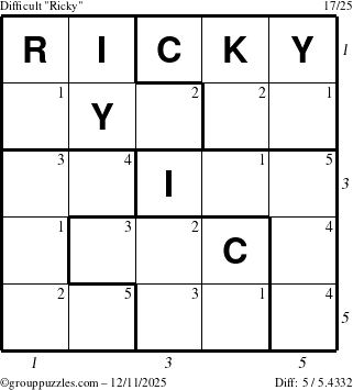 The grouppuzzles.com Difficult Ricky puzzle for Thursday December 11, 2025, suitable for printing, with all 5 steps marked