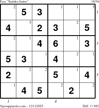 The grouppuzzles.com Easy Sudoku-Junior puzzle for Thursday December 11, 2025, suitable for printing, with all 3 steps marked