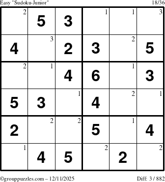 The grouppuzzles.com Easy Sudoku-Junior puzzle for Thursday December 11, 2025 with the first 3 steps marked
