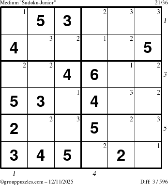 The grouppuzzles.com Medium Sudoku-Junior puzzle for Thursday December 11, 2025 with all 3 steps marked