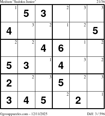 The grouppuzzles.com Medium Sudoku-Junior puzzle for Thursday December 11, 2025 with the first 3 steps marked