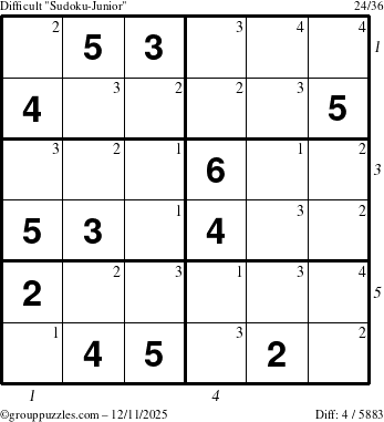 The grouppuzzles.com Difficult Sudoku-Junior puzzle for Thursday December 11, 2025 with all 4 steps marked