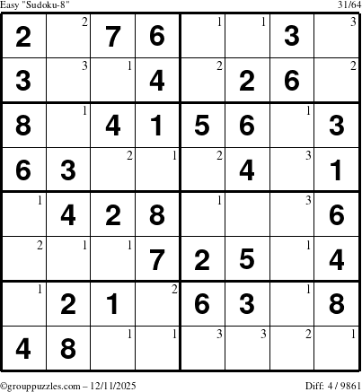 The grouppuzzles.com Easy Sudoku-8 puzzle for Thursday December 11, 2025 with the first 3 steps marked