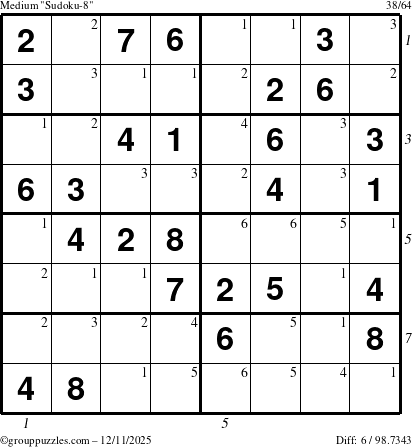 The grouppuzzles.com Medium Sudoku-8 puzzle for Thursday December 11, 2025 with all 6 steps marked