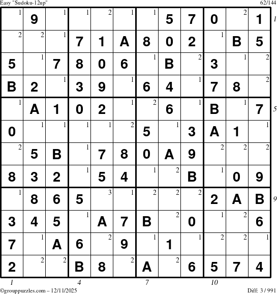 The grouppuzzles.com Easy Sudoku-12up puzzle for Thursday December 11, 2025, suitable for printing, with all 3 steps marked
