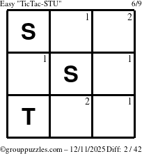 The grouppuzzles.com Easy TicTac-STU puzzle for Thursday December 11, 2025 with the first 2 steps marked