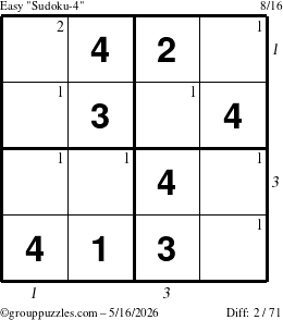 The grouppuzzles.com Easy Sudoku-4 puzzle for Saturday May 16, 2026 with all 2 steps marked
