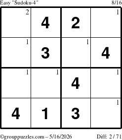 The grouppuzzles.com Easy Sudoku-4 puzzle for Saturday May 16, 2026 with the first 2 steps marked