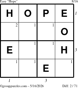 The grouppuzzles.com Easy Hope puzzle for Saturday May 16, 2026 with all 2 steps marked