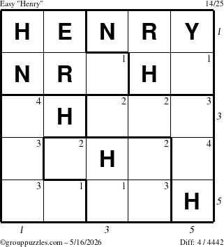The grouppuzzles.com Easy Henry puzzle for Saturday May 16, 2026 with all 4 steps marked