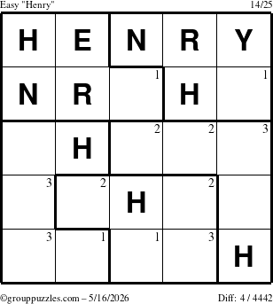 The grouppuzzles.com Easy Henry puzzle for Saturday May 16, 2026 with the first 3 steps marked