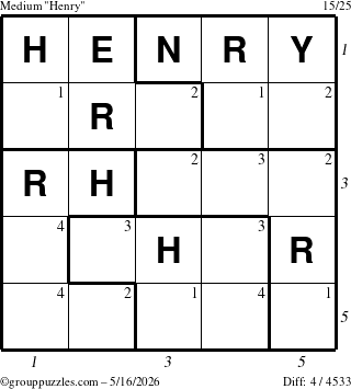 The grouppuzzles.com Medium Henry puzzle for Saturday May 16, 2026 with all 4 steps marked