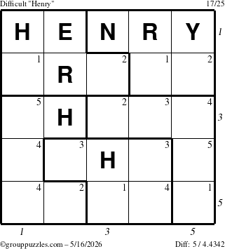 The grouppuzzles.com Difficult Henry puzzle for Saturday May 16, 2026, suitable for printing, with all 5 steps marked