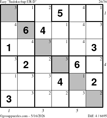 The grouppuzzles.com Easy Sudoku-6up-UR-D puzzle for Saturday May 16, 2026 with all 4 steps marked