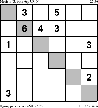 The grouppuzzles.com Medium Sudoku-6up-UR-D puzzle for Saturday May 16, 2026