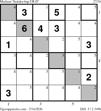 The grouppuzzles.com Medium Sudoku-6up-UR-D puzzle for Saturday May 16, 2026 with all 5 steps marked