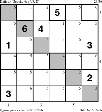The grouppuzzles.com Difficult Sudoku-6up-UR-D puzzle for Saturday May 16, 2026 with all 6 steps marked