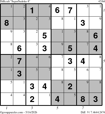 The grouppuzzles.com Difficult SuperSudoku-8 puzzle for Saturday May 16, 2026 with all 9 steps marked