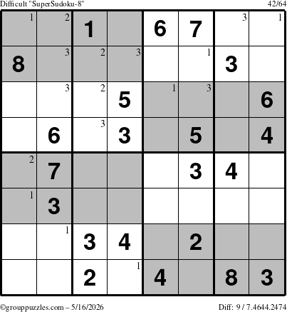 The grouppuzzles.com Difficult SuperSudoku-8 puzzle for Saturday May 16, 2026 with the first 3 steps marked