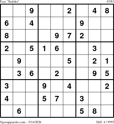 The grouppuzzles.com Easy Sudoku puzzle for Saturday May 16, 2026