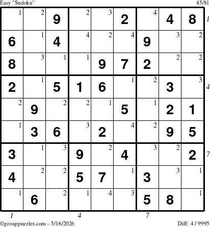 The grouppuzzles.com Easy Sudoku puzzle for Saturday May 16, 2026 with all 4 steps marked